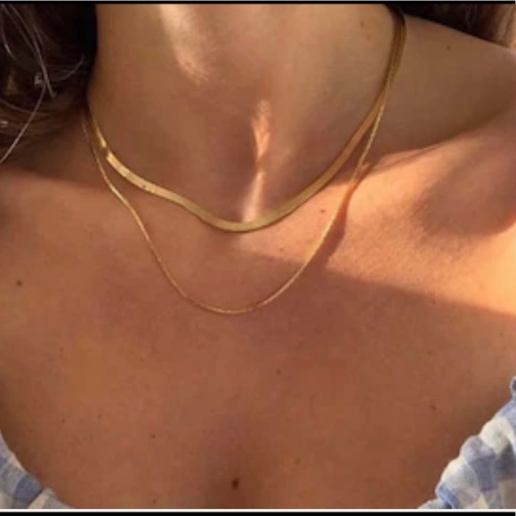 NEW 14K Gold Plated Double Layer Flat Herringbone & Thin Snake Chain Necklace - Picture 12 of 12
